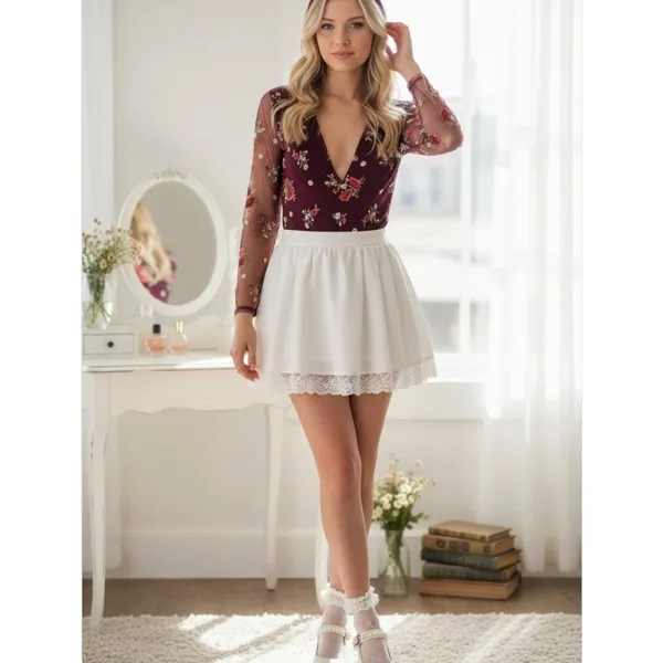 Express Mesh Floral Embroidered Long Sleeve V-Neck Bodysuit Women's‎ XS Coquette - Image 4