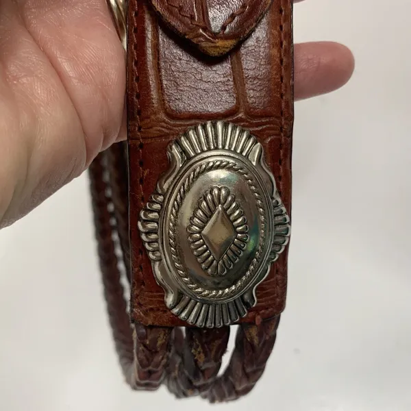 Brown‎ Leather Size M Croc Embossed Braided Belt Silver Tone Heavy Buckle Concho - Image 6