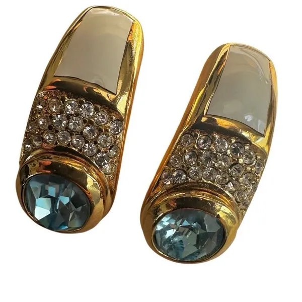 Vintage Christian Dior Blue Glass & White Enamel Clip-On Earrings - Image 5