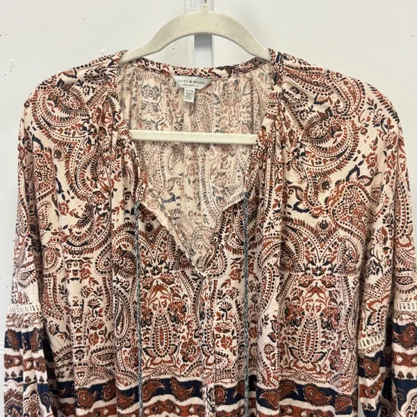 Lucky Brand Paisley Tassel Peasant Boho Jersey Blouse XL Cotton Linen Blend Rust - Image 3