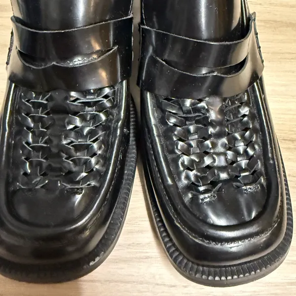 Jeffrey Campbell Lug Sole Woven Toe Heeled Black Loafers - Image 3