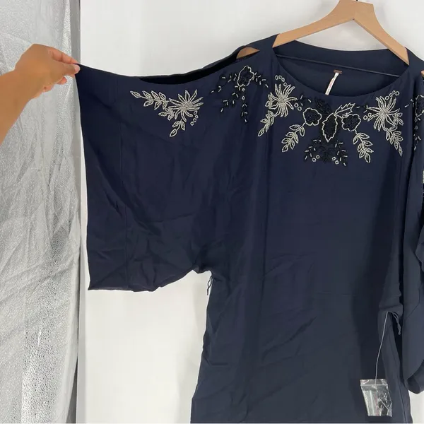 Free People Navy Blue Floral Beaded Embroidered Chiffon Dolman‎ Sleeve Dress M - Image 10