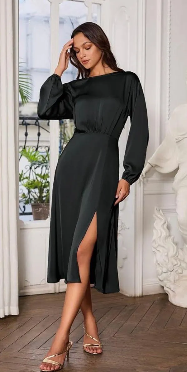 Grace Karin Women's Long Sleeve Satin Wedding Guest Dress with Slit Elegant Boat Neck High - Image 2