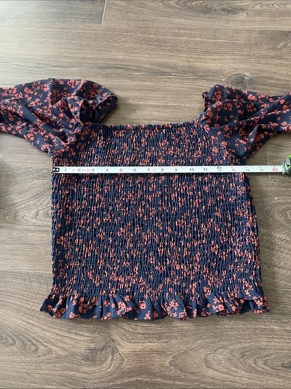 Lush Navy w/ Rust Red Floral Print Smocked Blouse w/Puff Sleeves, Size Small - Image 2