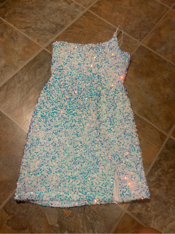 Windsor Sequin One-Shoulder Mini Dress in Iridescent White-Blue Med - Image 2
