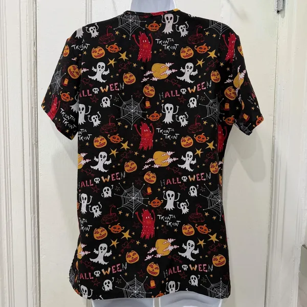 Scrub Top Womens Medium Black Halloween Ghost Pumpkin Print V Neck Tunic - Image 5