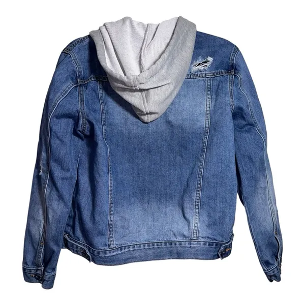 RISEN JEANS Distressed Medium Wash Detachable Hood Denim Jacket‎ Size Small - Image 2