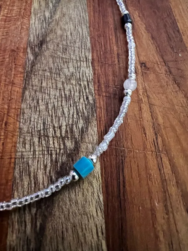 Navajo Handmade Silver Bead Necklace with Turquoise Accent - Image 3