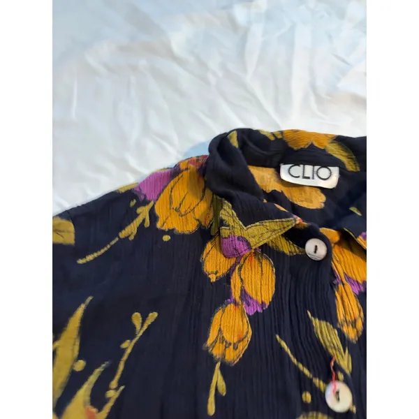 Clio 90s Shirt Tropical Floral‎ Black Rayon Crinkle Button Down Short Sleeve - Image 5