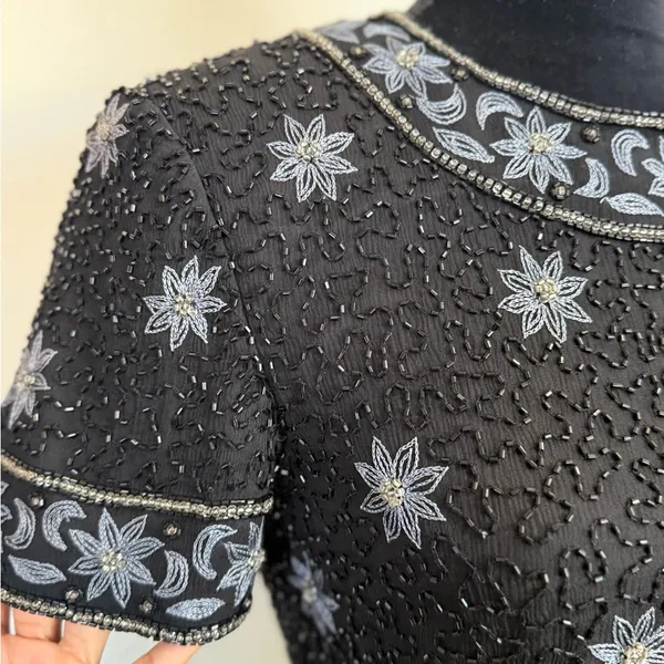 Vintage Cote d’Azur Black Beaded Top | Silk Floral Embroidery size small - Image 4