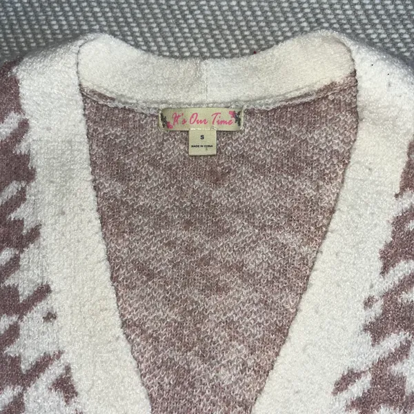 Women’s Boutique Pink Cream Houndstooth Long Sleeve Knit Sweater Sz Sm - Image 3