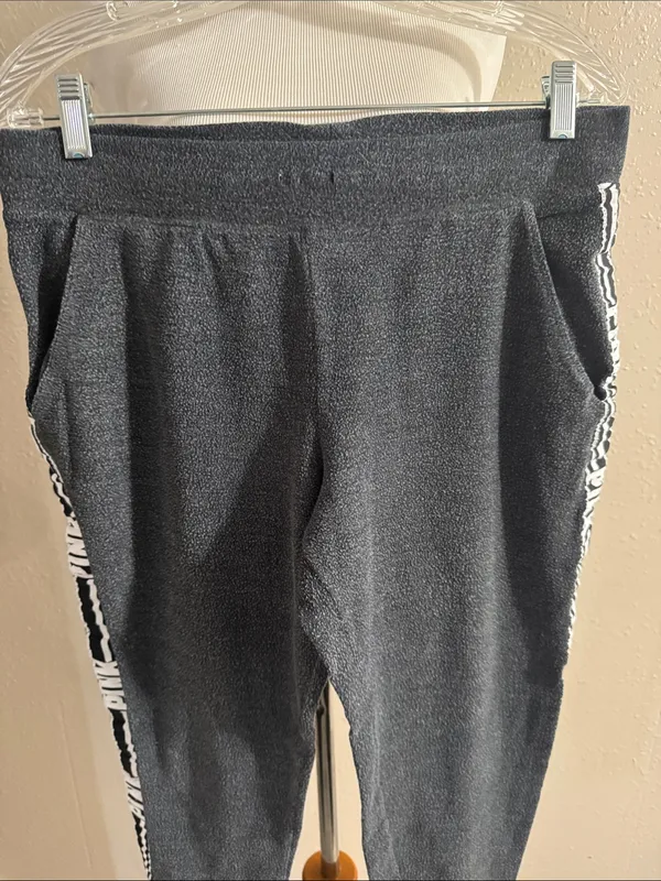 PINK Victoria's Secret Black Jogger Pants with White Logo Side Trim - Image 2