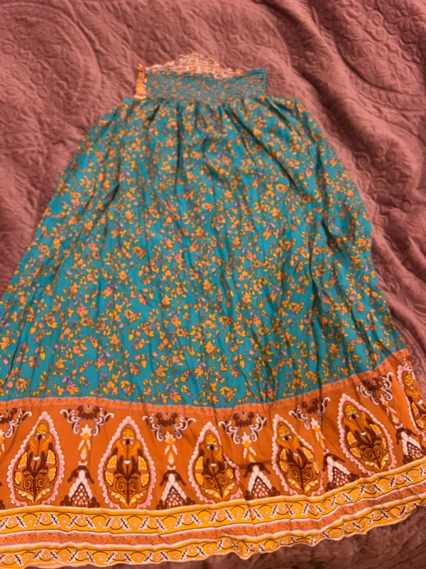 Boho Teal and Orange Floral Maxi Skirt - Image 2
