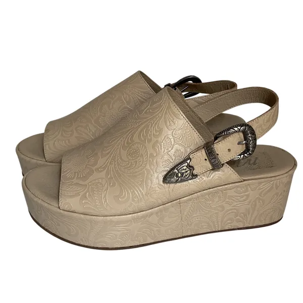 Matisse Embossed Wedge Western Sandals Leather Beige Platform Made in Brazil Sz9 - Image 3