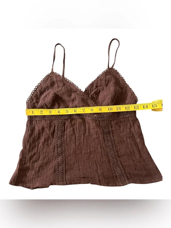 Vintage Y2K Newport News Brown Crinkle Cotton Lace Cami Top Size S - Image 3