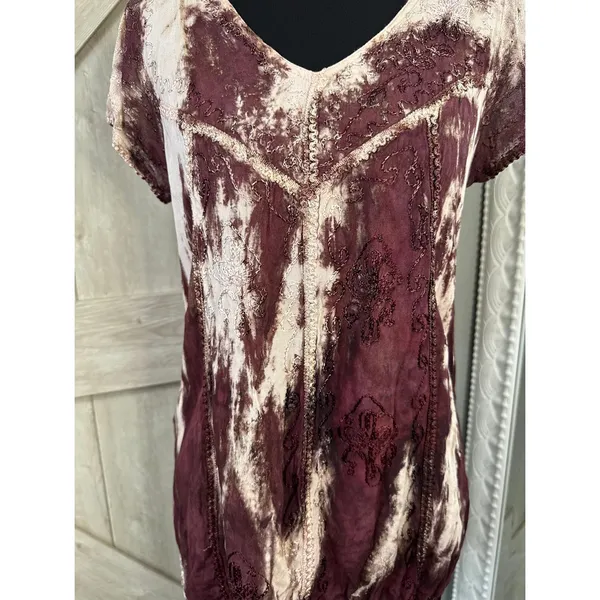 Lapogee Burgundy Tie Dye Embroidered Lace Trim Boho Top Free Size - Image 2