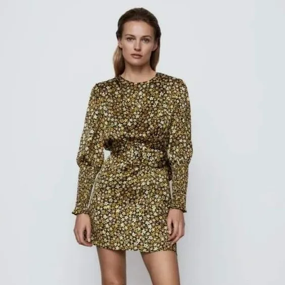 Zara Ditsy Floral Print Mini Dress Yellow Brown Boho Smocked Cuff Size M - Image 2
