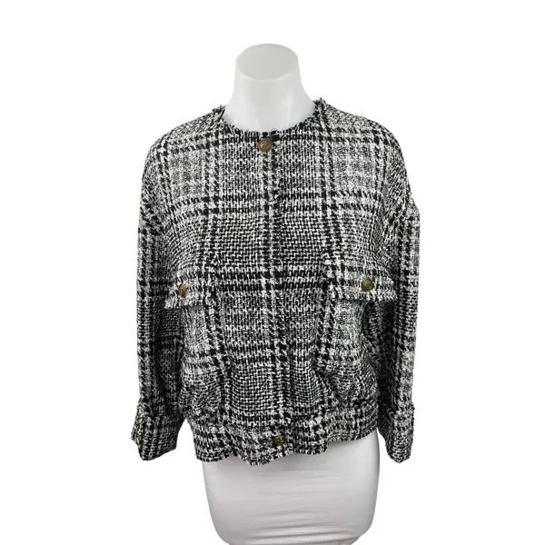 Zara Women's Black White Plaid Tweed Long Sleeve Crew Neck Coat Jacket Top S - Image 7