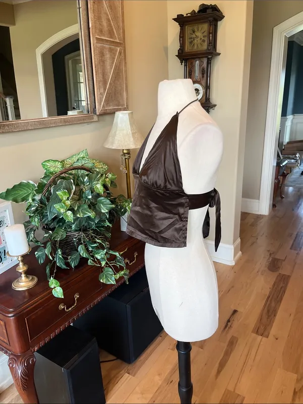 Satiny Halter Crop Top in Chocolate Brown - Image 4