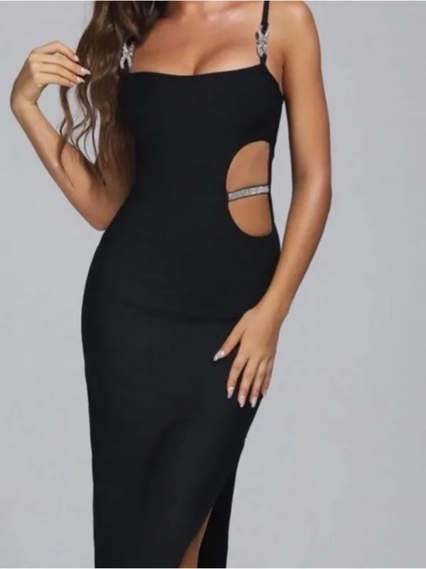 Bella Barrett Bodycon Black Cutout Evening Gown with Rhinestone Straps - Image 2