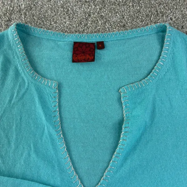 Bohemian‎ Turquoise Cashmere Sweater Spit V Neck Whipstitch Trim Women M Coastal - Image 2