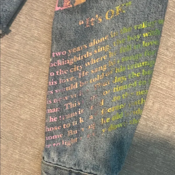 Blue and Pink Cropped Jean Jacket with Decorative Sleeves - Image 4