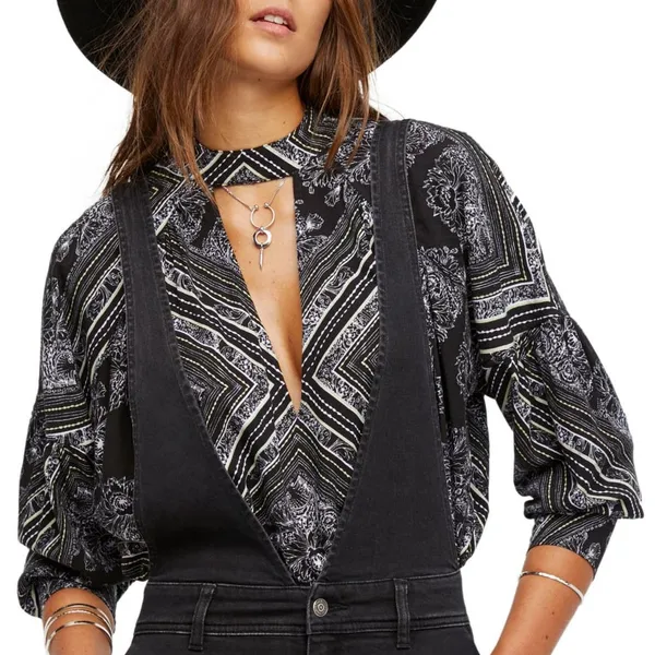 Free People Womens Tunic Size Small Black Print Walking on‎ a Dream Blouse - Image 4
