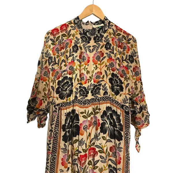 Farm Rio Romantic Garden Tie Sleeve Floral Print Fringed Mock Neck Maxi Dress M - Image 5