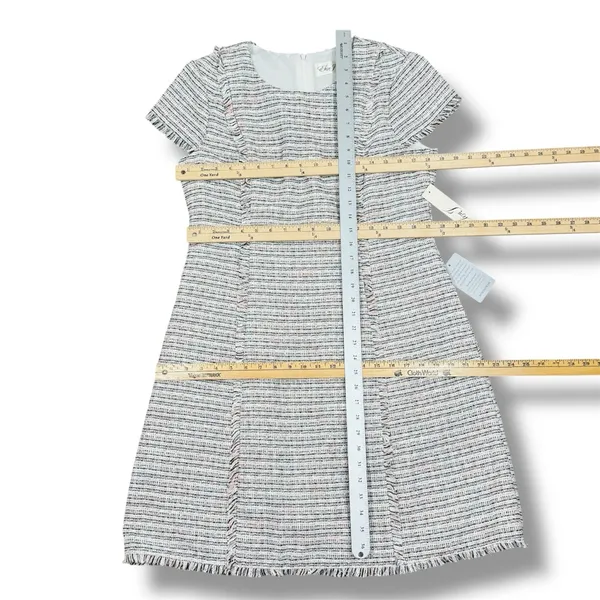 Eliza J Spring Tweed Fringe Hem Fit‎ Flare Dress White Pink Black Size 12 - Image 14