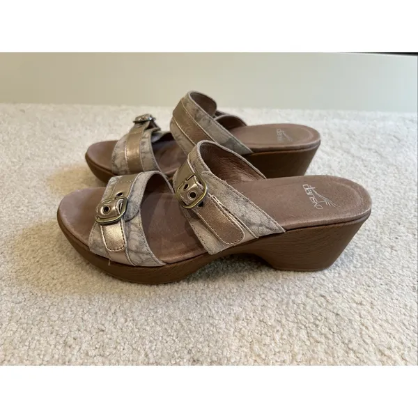 Dansko Jessie Sandals Double Strap Clogs Size 39‎ US 8.5 9 Gold & Beige Marbled - Image 3