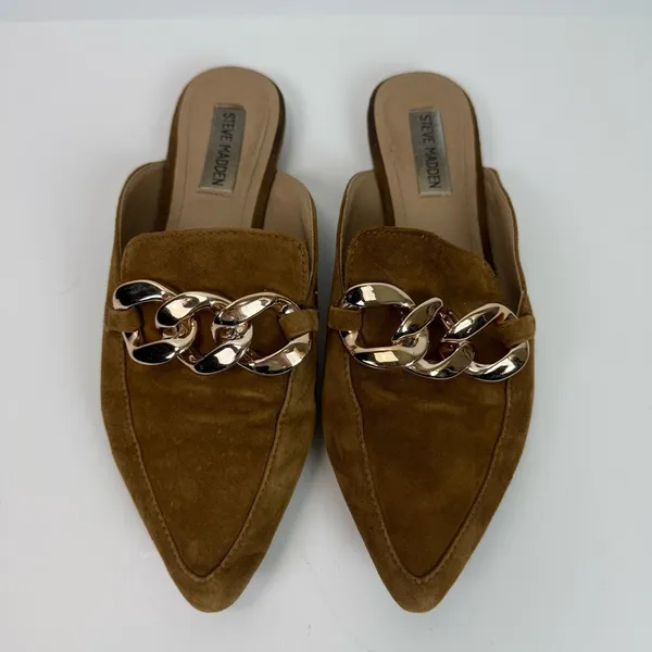 Steve Madden Finn Chain Pointed Toe Chestnut Suede Mules Gold Chain Size 8.5 - Image 2