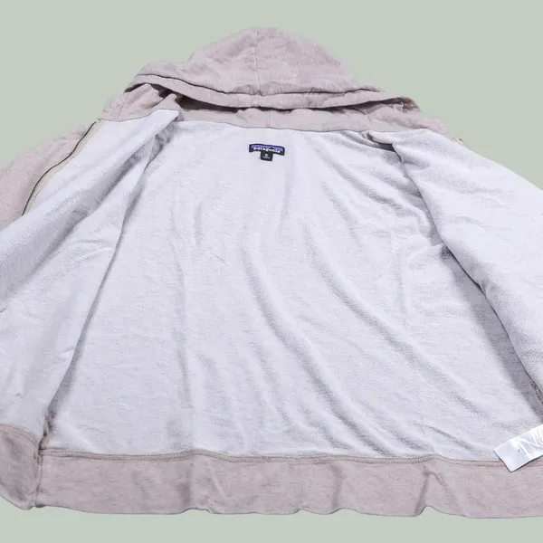 Patagonia Zip Up Hoodie Women XL Tan Bird Graphic Organic Cotton Fleece Jacket - Image 4