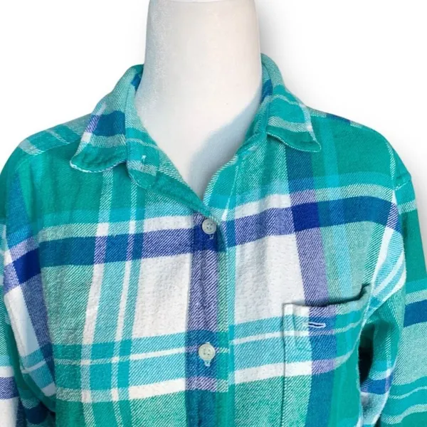 Vintage 90s Kelly Green Blue Plaid‎ Flannel Button Front Long Sleeve Baggy Shirt - Image 3
