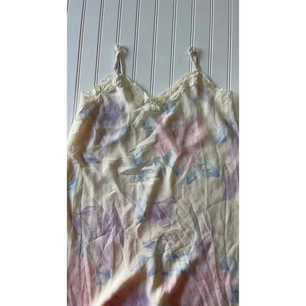 Vintage Valerie Stevens Sheer Pastel Floral Maxi Slip Dress Lace Trim Medium Y2K - Image 5