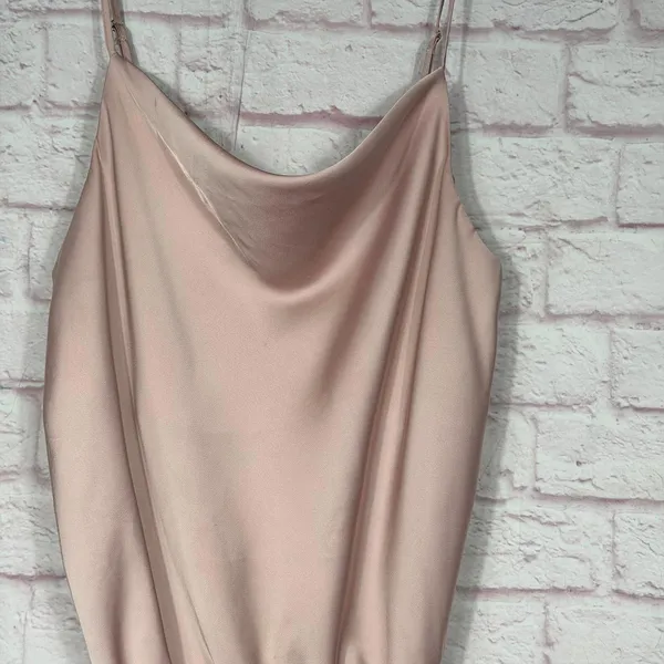 Light Pink Satin and Jersey Bodysuit with Cowl Neck and Adjustable Straps Med - Image 3