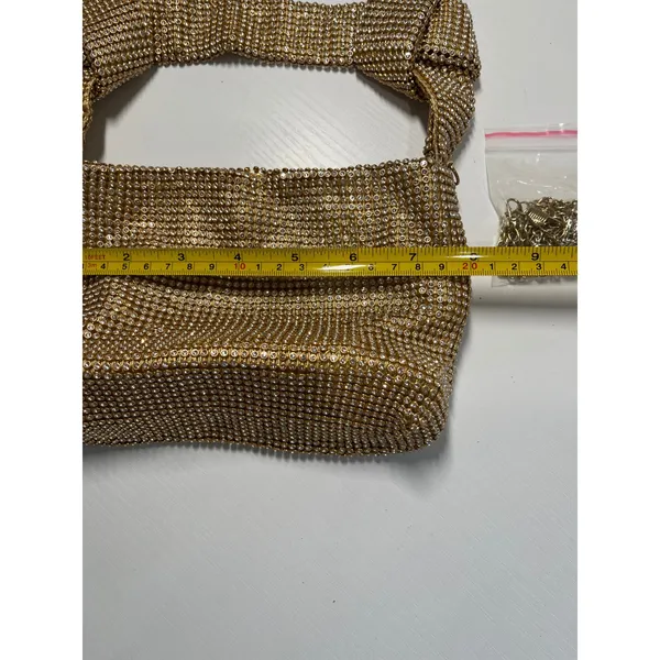 Gold Rhinestone Mesh Knotted‎ Handle Evening Handbag with Detachable Chain Strap - Image 2