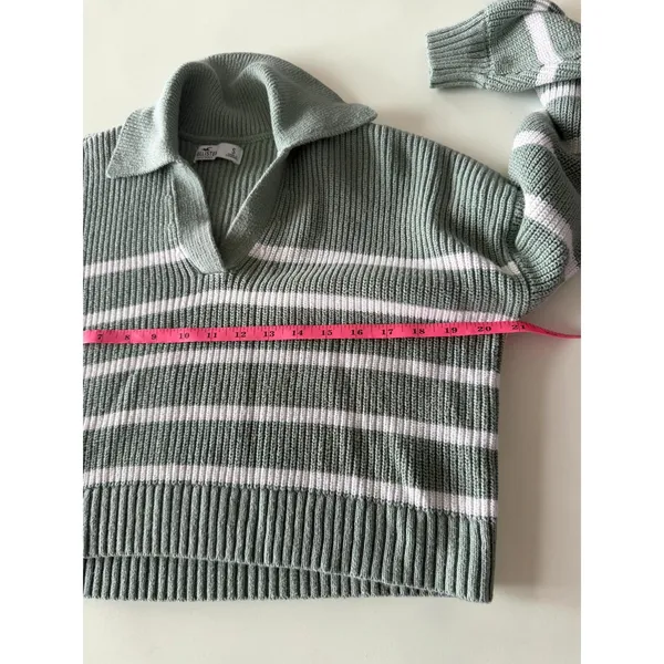 Hollister Sage Green White Striped Ribbed Polo Sweater V-Neck Cropped Small - Image 5