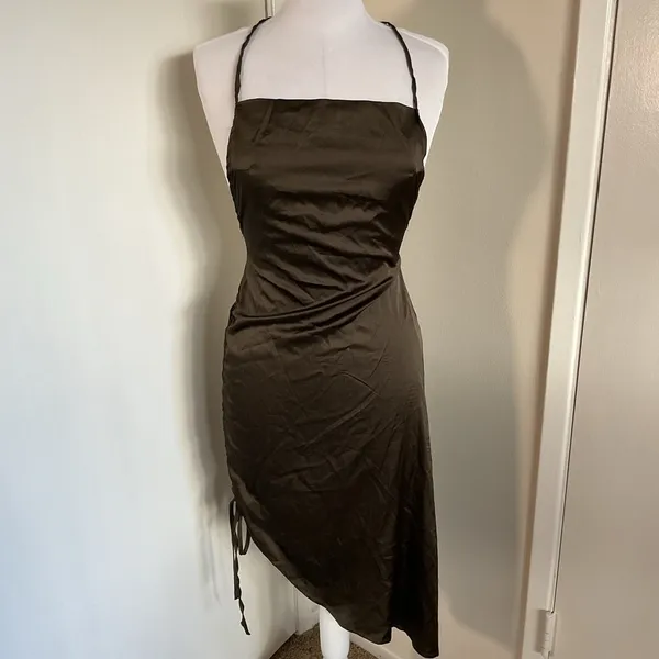 CBR Brown Satin Halter Backless Dress Side Tie Asymmetrical Medium - Image 2