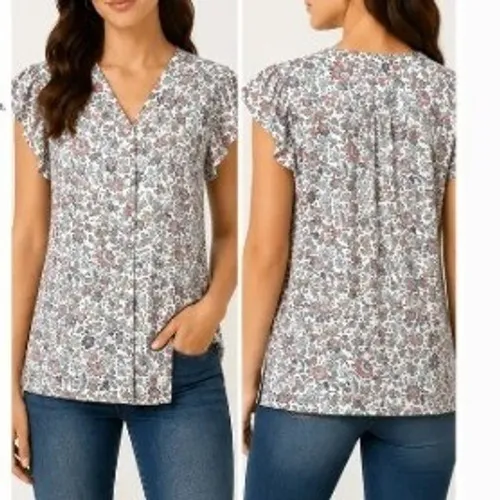 Loft Womens Size Large Blouse Short Flutter Sleeve Button Front Floral Butterfly - Image 2