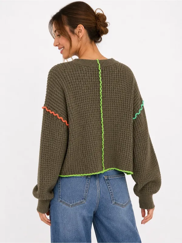 New IN Women’s Waffle Knit Sweater Medium Brown Neon Contrast Stitch - Image 9
