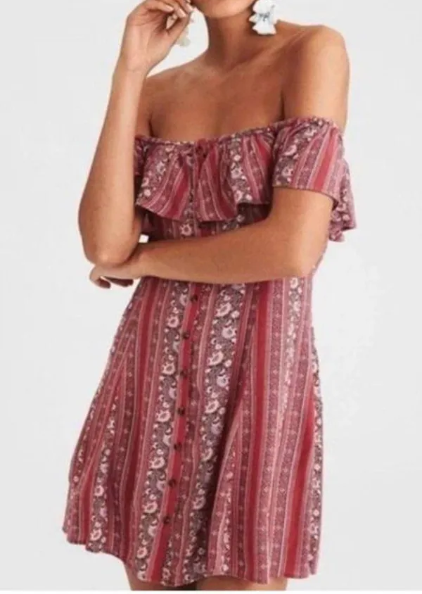American Eagle Boho Dress Ruffle Off The Shoulder Rose Pink Button Front - Image 3