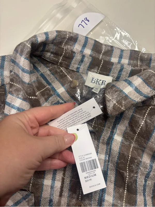 BKE Oversized Plaid Long Sleeve Shirt Medium Brown Blue Frayed Raw Edge Grunge - Image 7