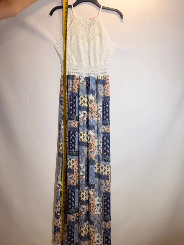 Boho Patchwork Floral Lace Halter Tie Waist Flowy Maxi Dress Size M - Image 8