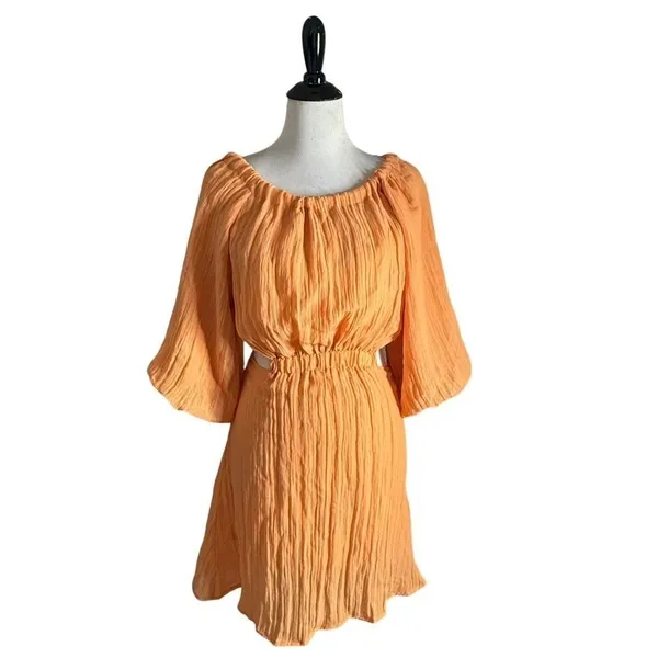 VICI Womens Open Back Balloon Sleeve Mini Dress Size S Orange Crinkle Textured - Image 9