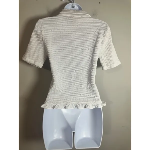 Loft White Smocked Short Sleeve Button Front Polo Cardigan Ruffle Hem Top S SP25 - Image 5