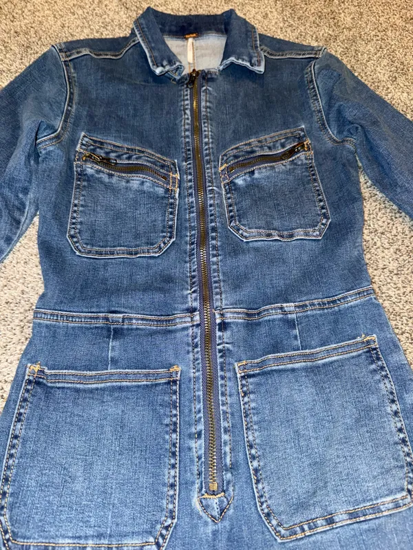 Free People Denim Jumpsuit Size XS Blue Zip Front Long Sleeve - Image 3