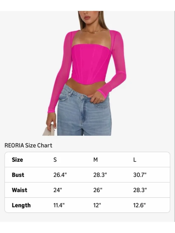 NEW REORIA Mesh Long Sleeve Boned Corset Top Y2K Square Neck M - Image 3