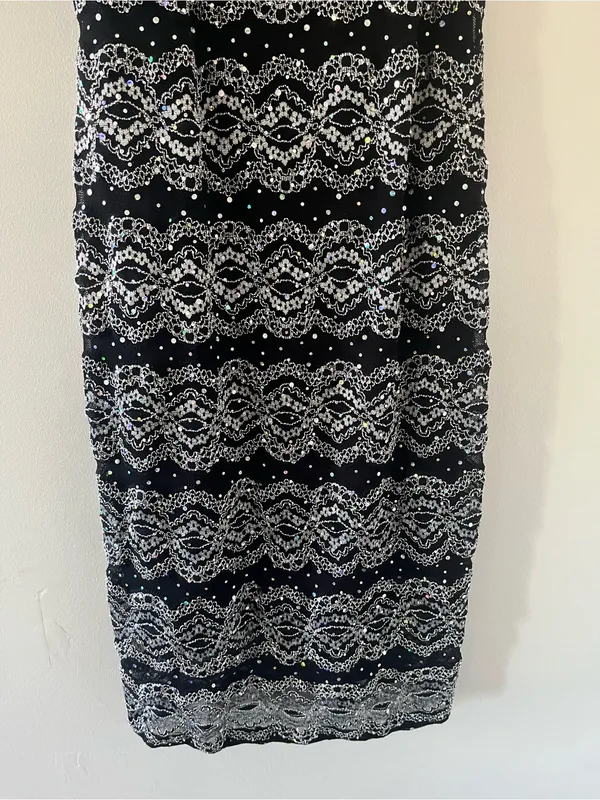 Vintage 90s R&M Richards Black Silver Lace Sequin Midi Cocktail Dress 10 Sparkly - Image 3