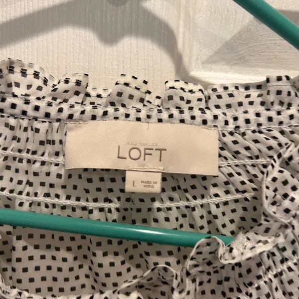 LOFT Women's Blouse Top‎ L White Black Square Dot Tie Neck Long Sleeve Career - Image 6