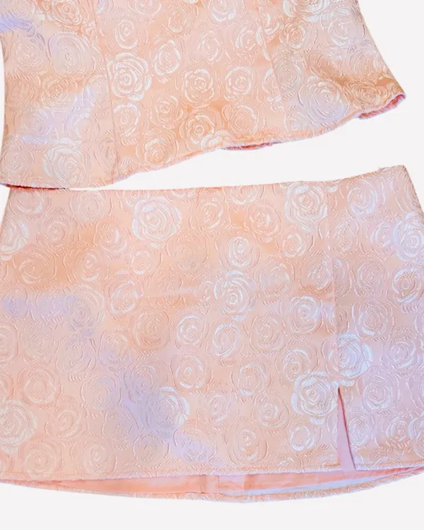 Revolve More to Come Pink Brocade Mini Skirt Strapless Top Set L Floral lined - Image 3